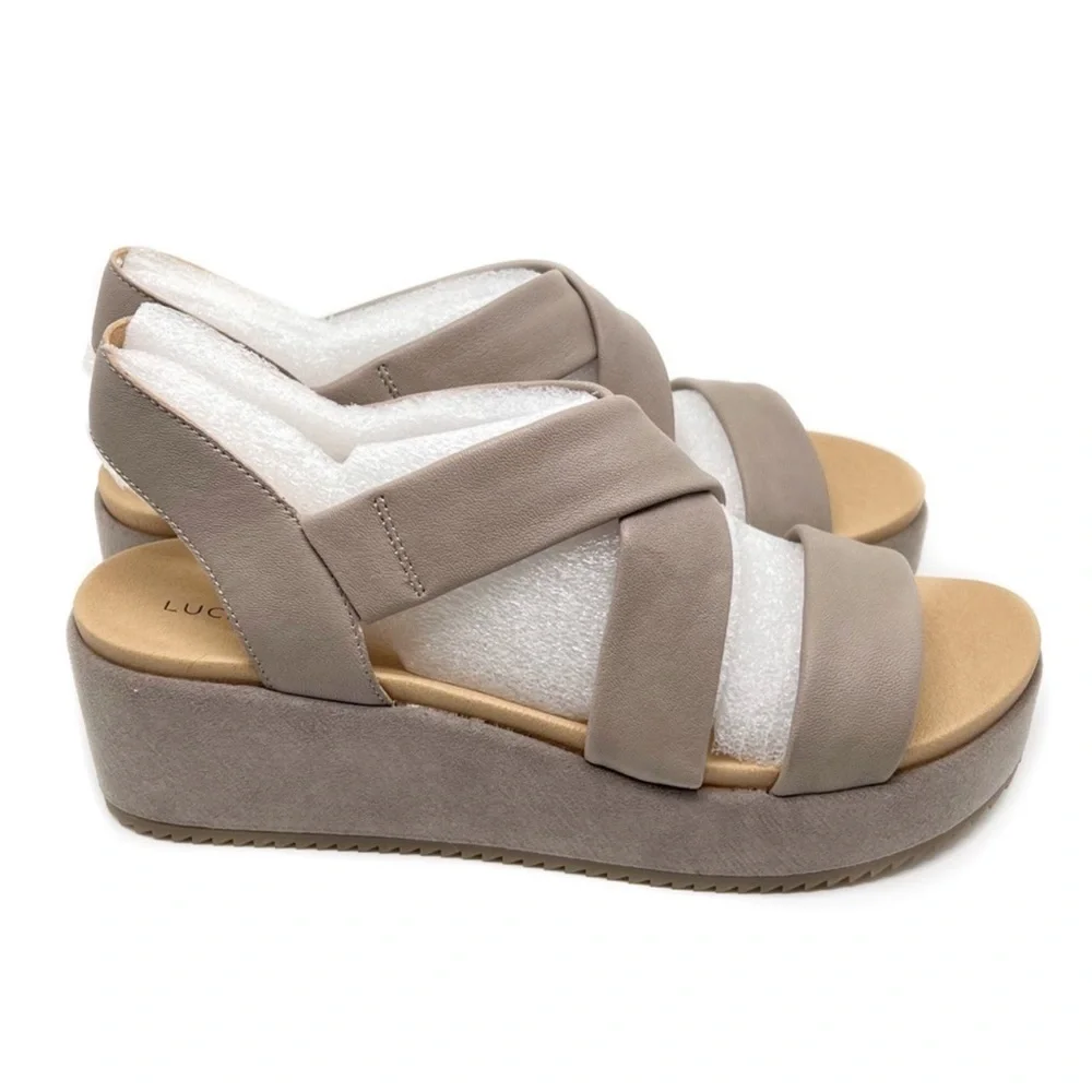 Lucky Brand Sandal Waldyna Crisscross Leather Wedge Chinchilla Oyster Size 10